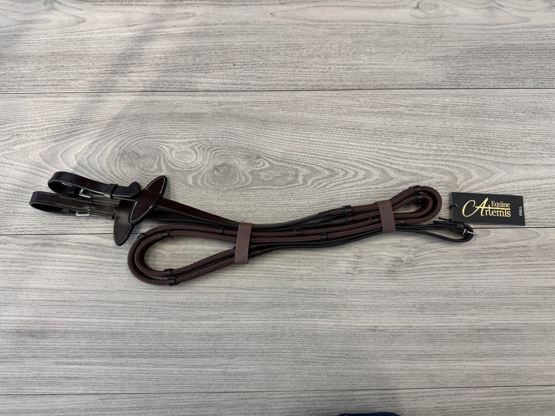 SALE Rubber Reins with Handstops Cream Stitching and Buckles Brown/Cream Full (R4)