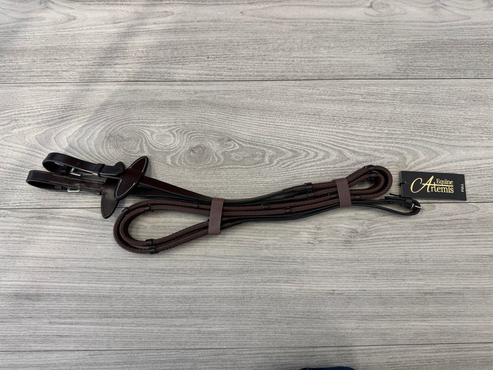 SALE Rubber Reins with Handstops Cream Stitching and Buckles Brown/Cream Full (R4)