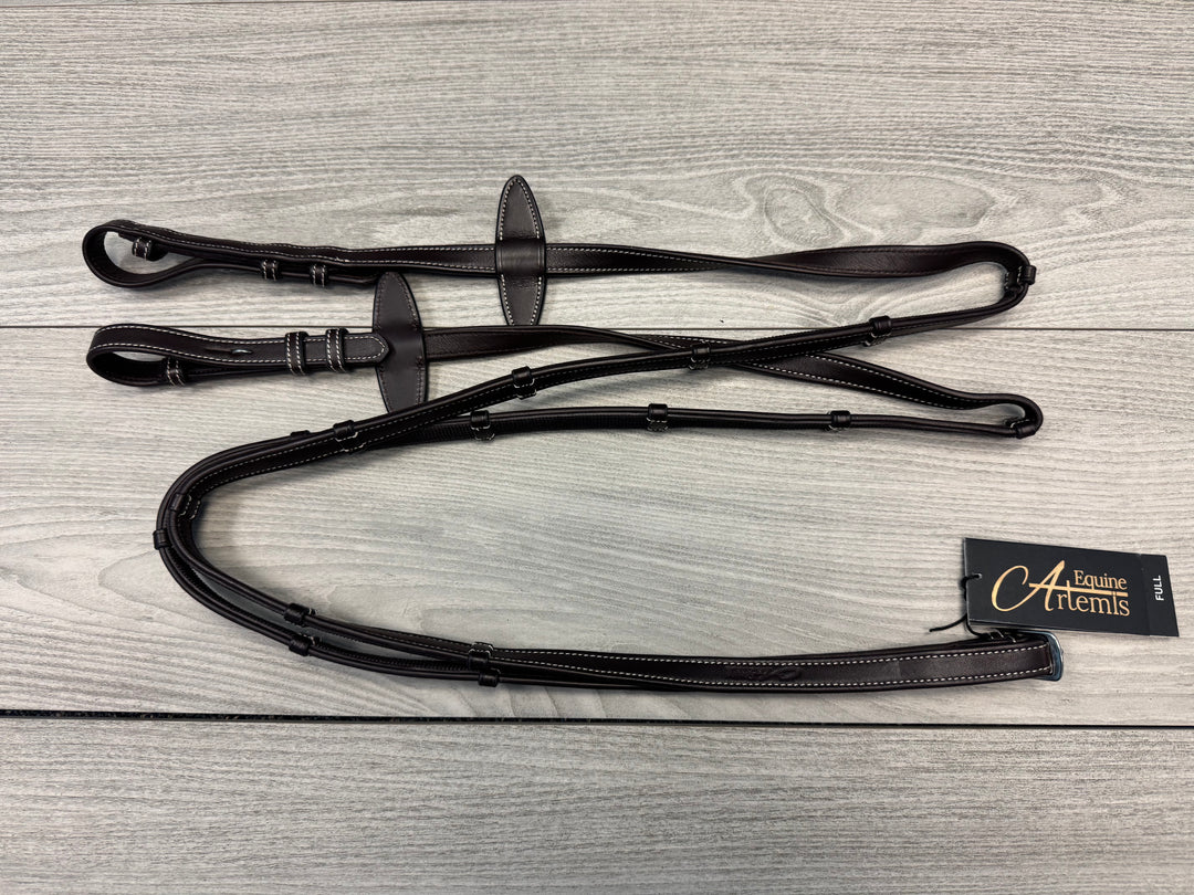 SALE Soft Leather/Rubber Reins w/ Handstops Brown/Cream - French Hooks Full (R13)