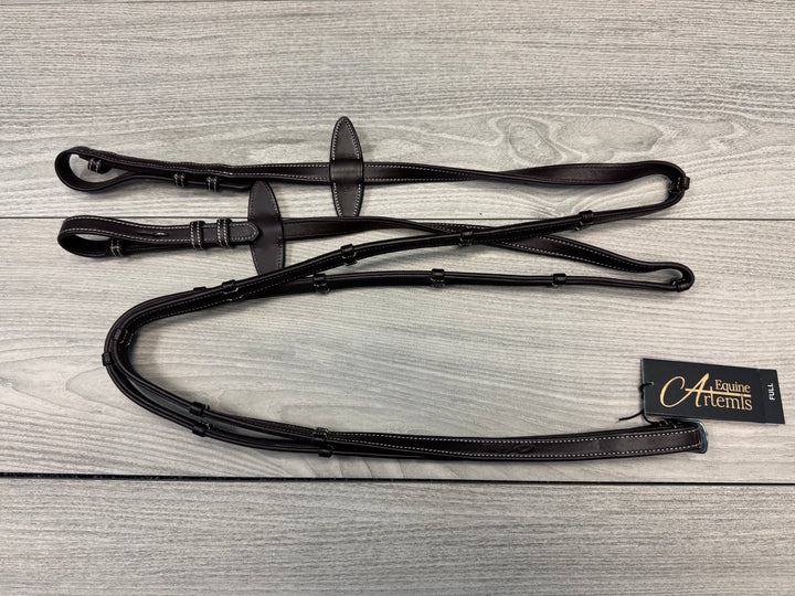 SALE Soft Leather/Rubber Reins w/ Handstops Brown/Cream - French Hooks Full (R13)