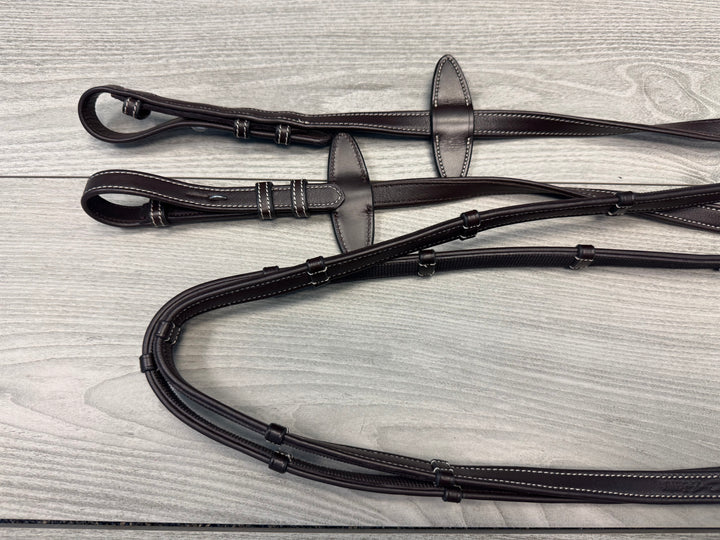 SALE Soft Leather/Rubber Reins w/ Handstops Brown/Cream - French Hooks Full (R13)