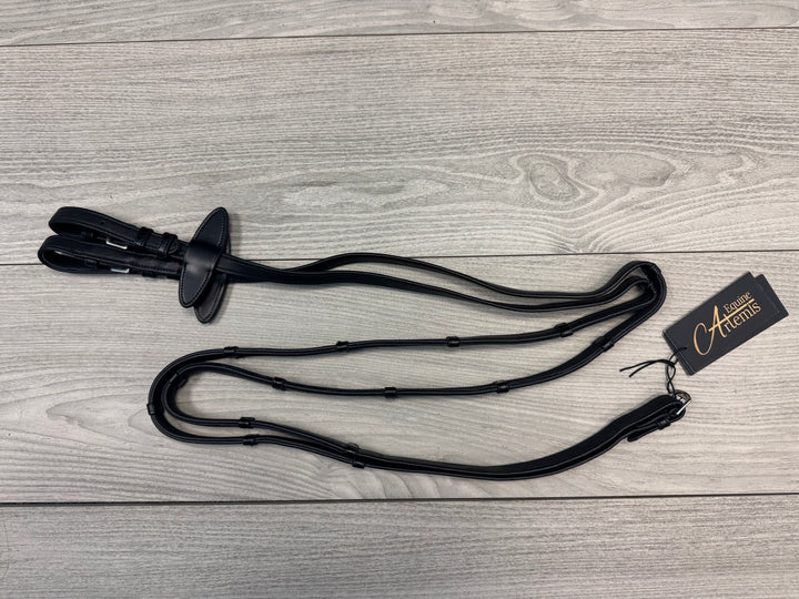 SALE Soft Leather/Rubber Reins with Handstops Buckles Black - FULL (R22)