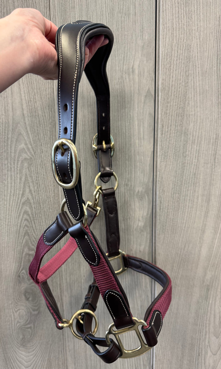 SALE Nylon/Leather Anatomic Halter With Lead Set Burgundy