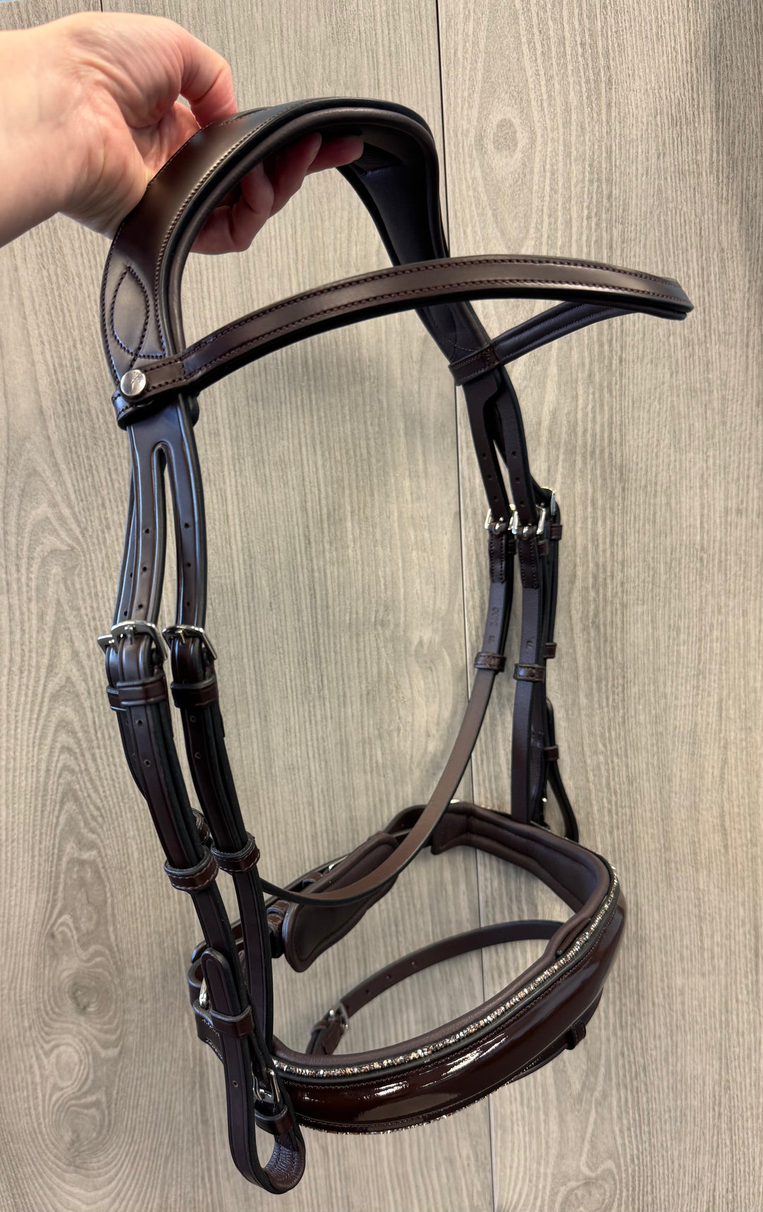 SALE Infinity Patent Dressage Bridle Peach Glitter Brown Full (T9/G1)