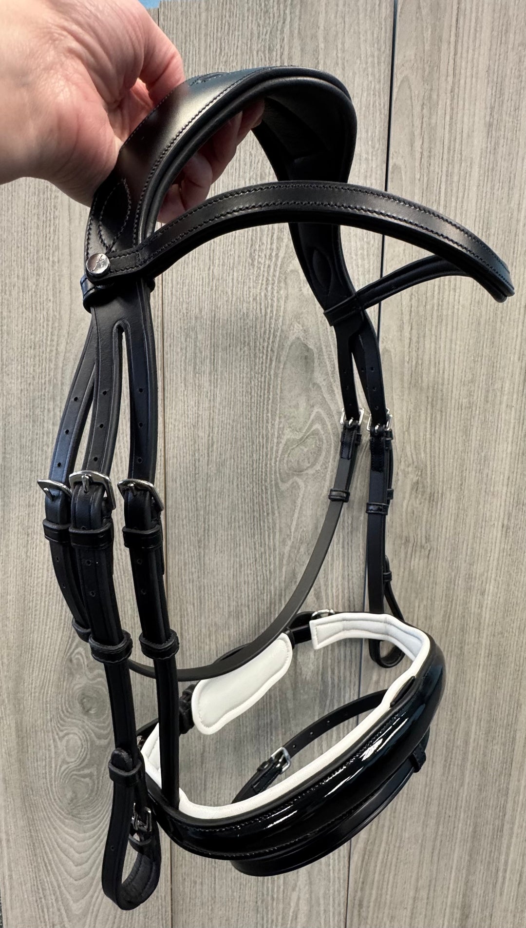 SALE Infinity Patent Dressage Bridle w/ White Padding Cob (A6)